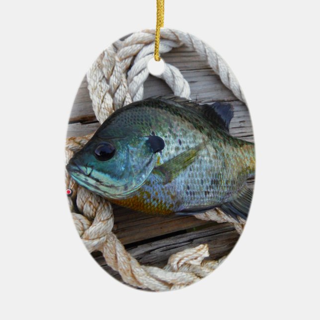 Bluegill fish on dock and rope ceramic tree decoration (Front)