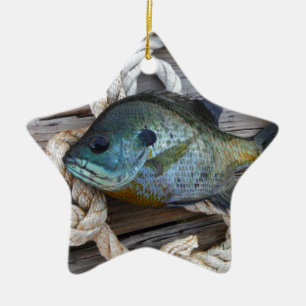 Bluegill fish on dock and rope ceramic tree decoration