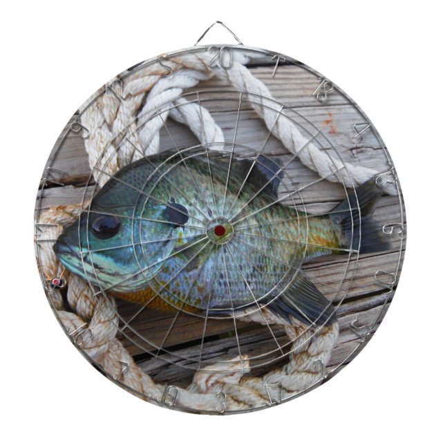Bluegill fish on dock and rope dartboard (Front)
