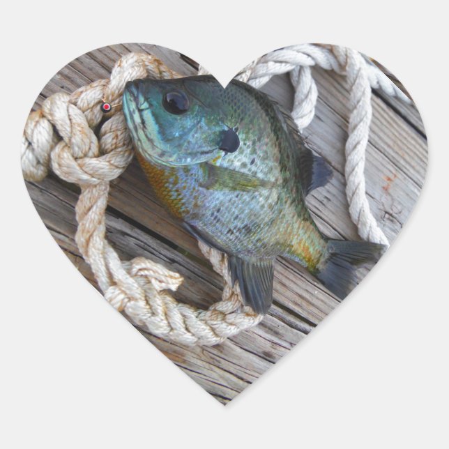 Bluegill fish on dock and rope heart sticker (Front)