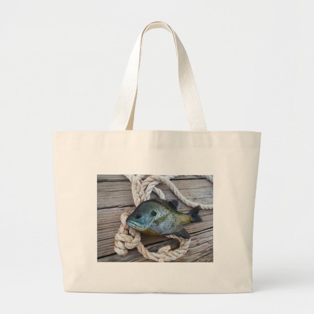 Bluegill fish on dock and rope large tote bag (Front)