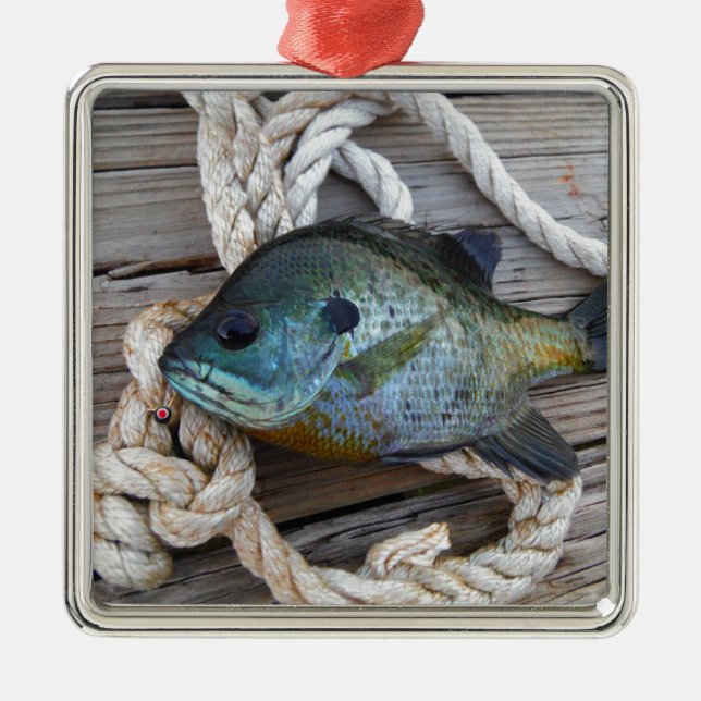 Bluegill fish on dock and rope metal tree decoration (Front)