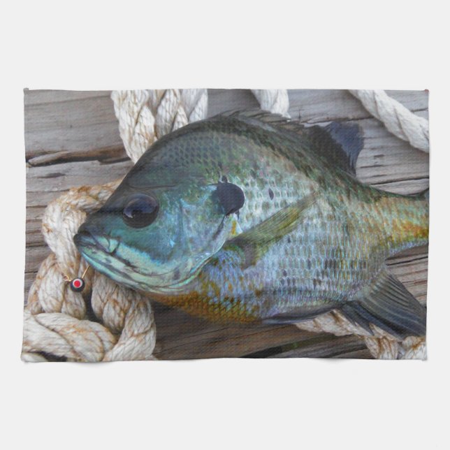 Bluegill fish on dock and rope tea towel (Horizontal)