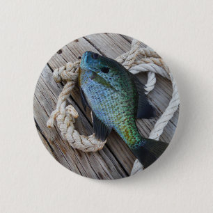 bluegill on dock 6 cm round badge