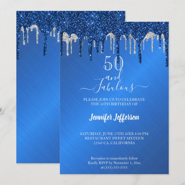 BlueGlitter silver dripping Birthday Invitation (Front/Back)