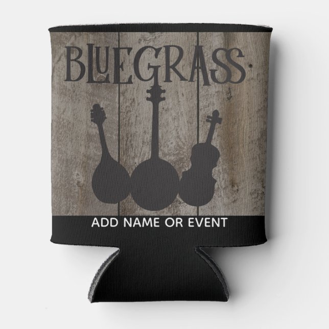 Bluegrass Music Instruments on Rustic Wood Can Cooler (Front)