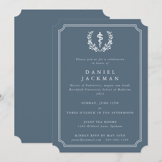 BlueGray/White Asclepius Medical School Graduation Invitation (Front/Back)