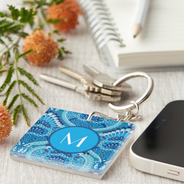 Blueish - Feathered Paisley Key Ring (Front Right)