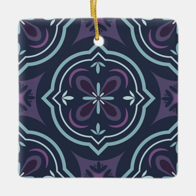 blueish floral tiling pattern ceramic ornament (Front)