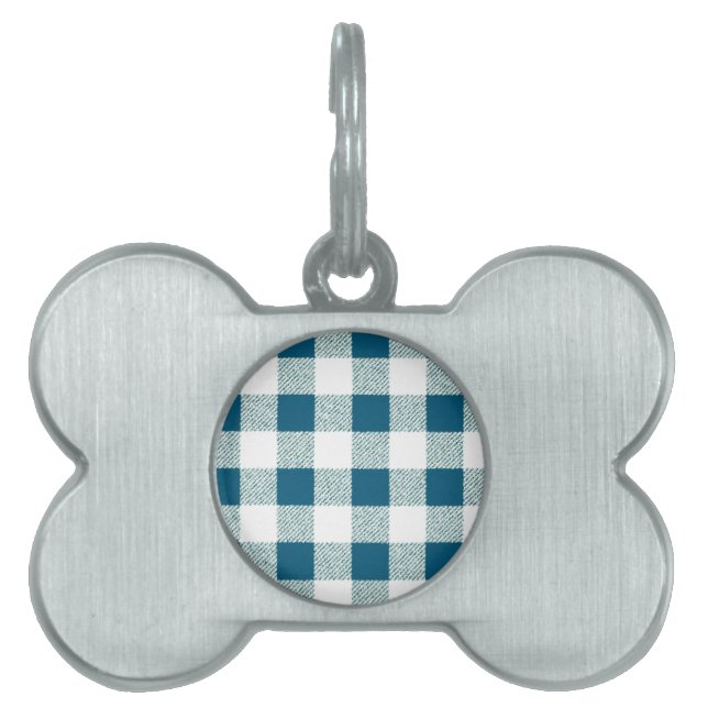 Blueish Green Gingham Check Pattern Pet Tag (Front)