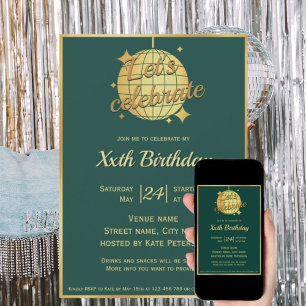 Blueish green gold disco ball birthday party  invitation