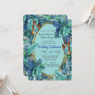 Blueish Turquoise Monstera Leaves & Butterflies Invitation