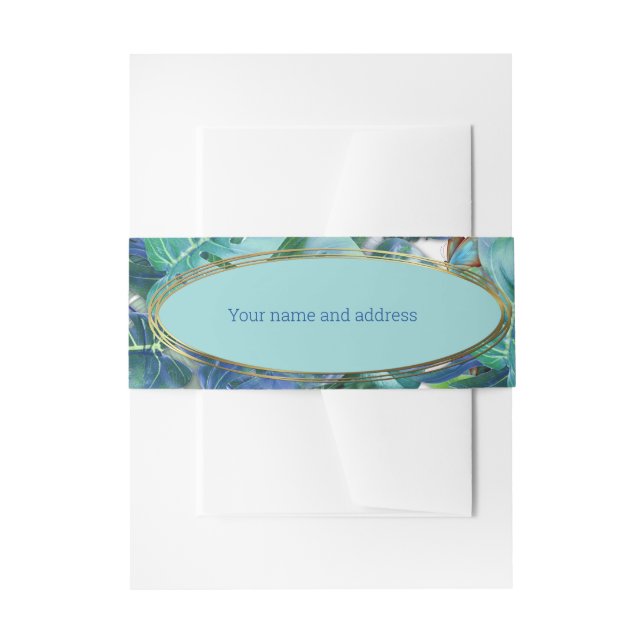 Blueish Turquoise Monstera Leaves & Butterflies Invitation Belly Band (Front Example)