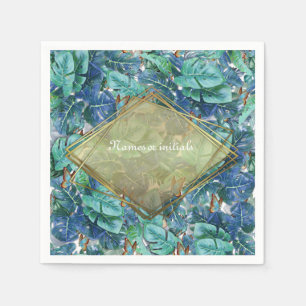 Blueish Turquoise Monstera Leaves & Butterflies Napkin