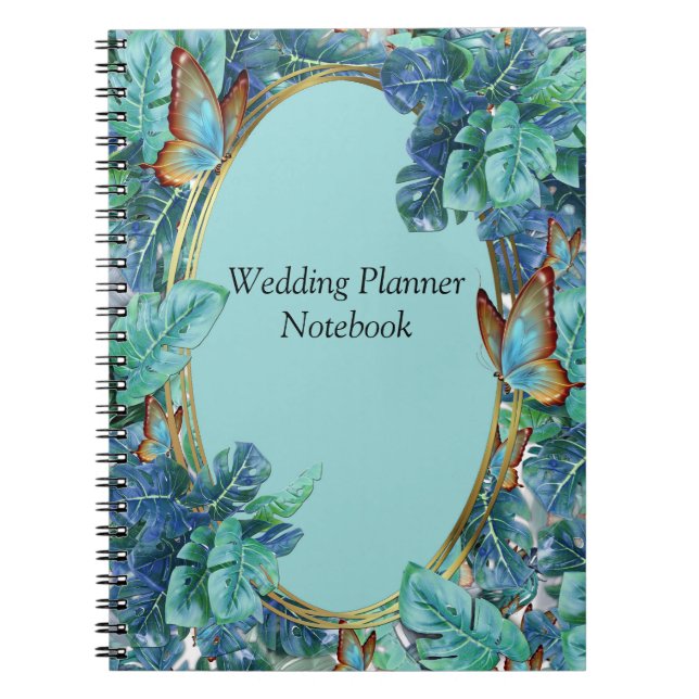 Blueish Turquoise Monstera Leaves & Butterflies Notebook (Front)