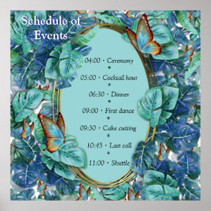 Blueish Turquoise Monstera Leaves & Butterflies Poster