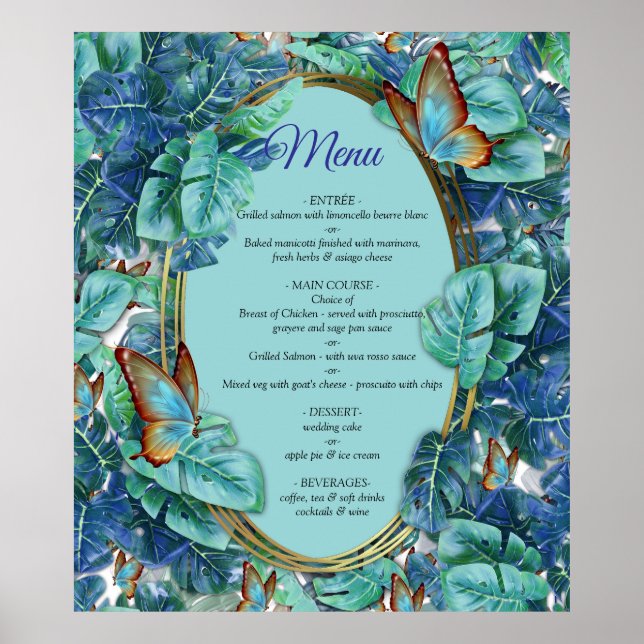 Blueish Turquoise Monstera Leaves & Butterflies Poster (Front)