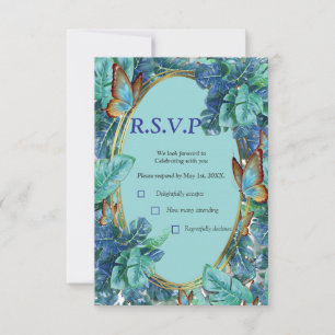 Blueish Turquoise Monstera Leaves & Butterflies RSVP Card