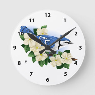 Bluejay  and Dogwood Flower Round Clock