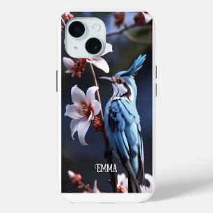 Bluejay and Flowers Custom Name iPhone 15 Case