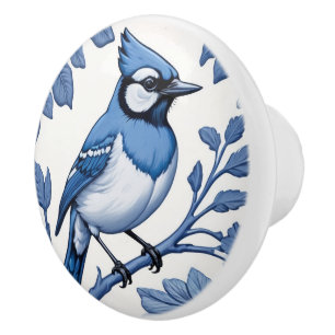 BlueJay Bird Delft Blue & White Asian Floral Jay Ceramic Knob