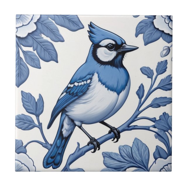 BlueJay Bird Delft Blue & White Asian Floral Jay Tile (Front)