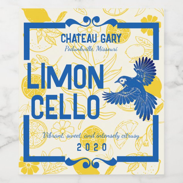 Bluejay bird lemons limoncello cordial vinegar wine label (Single Label)