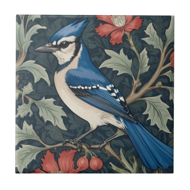 Bluejay Bird William Morris style Left Blue Jay Tile (Front)
