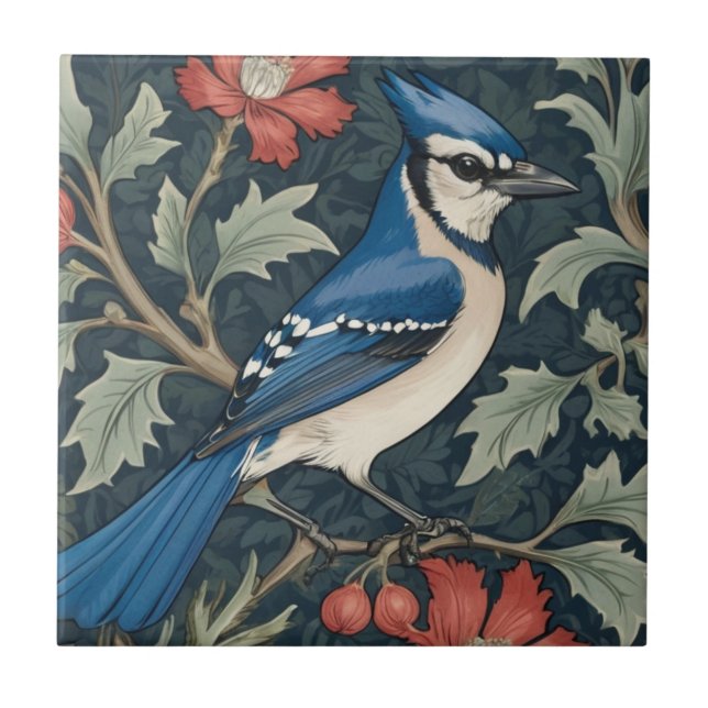Bluejay Bird William Morris style Right Blue Jay Tile (Front)
