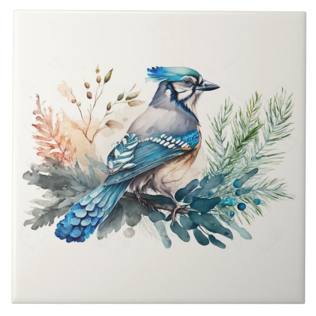 Bluejay On A Branch Watercolor Tile (Front)