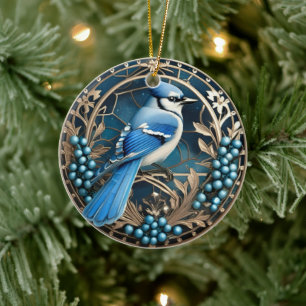 Bluejay with Blueberries Personalized Ornament