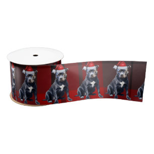 Bluenose Pit Holiday Red Plaid Funny Dog Christmas Satin Ribbon