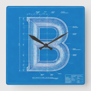Blueprint Monogram Letter B Square Wall Clock