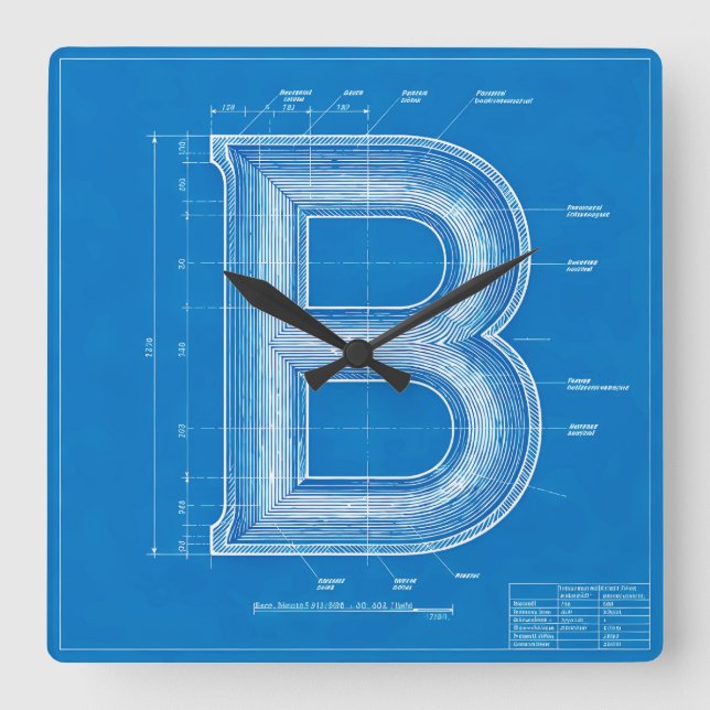 Blueprint Monogram Letter B Square Wall Clock (Front)