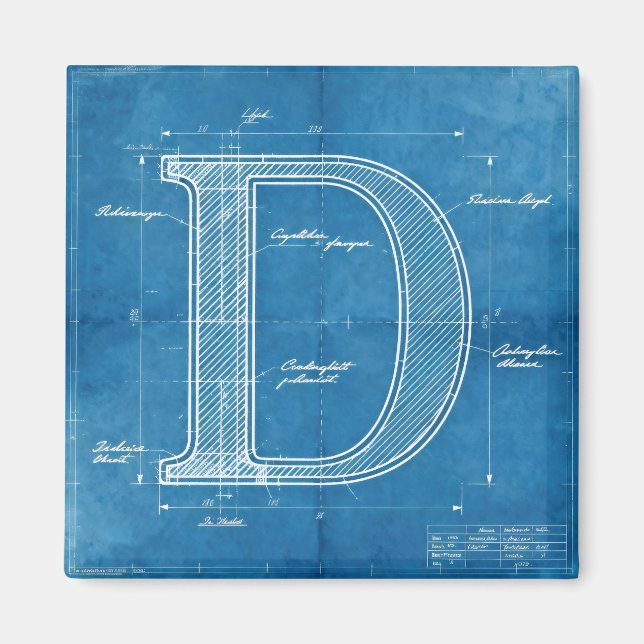 Blueprint Monogram Letter D Magnet (Front)
