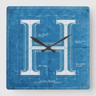 Blueprint Monogram Letter H Square Wall Clock