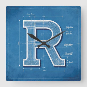 Blueprint Monogram Letter R Square Wall Clock