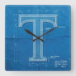 Blueprint Monogram Letter T Square Wall Clock