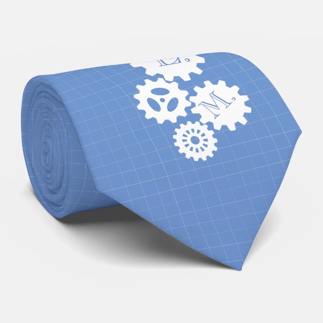 Blueprint Style Engineer Monogram Skyblue Tie (Rolled)