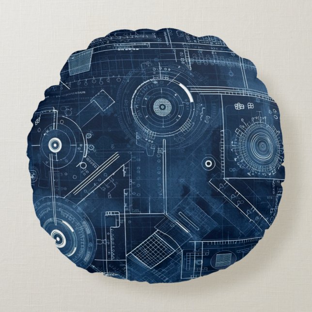 Blueprint Technical Drawing Geometric Round Cushion (Front)