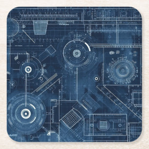 Blueprint Technical Drawing Geometric Square Paper Coaster