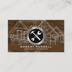 Blueprint   Wood Grain Circular Saw Hammer Wrench Business Card