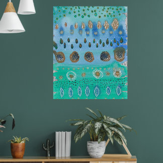 Blues and greens, mixed media original art poster