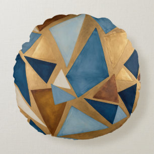 blues and metals geometric abstract round cushion