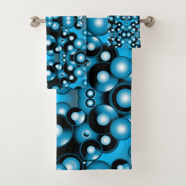 Blues Concentric Circle Orbital Abstract Art Bath Towel Set (Insitu)