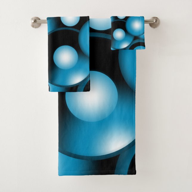 Blues Concentric Circle Orbital Abstract Art Bath Towel Set (Insitu)