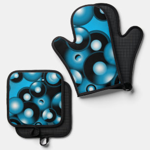 Blues Concentric Circle Orbital Abstract Art Oven Mitt & Pot Holder Set