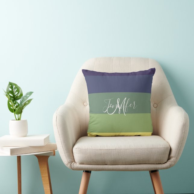 Blues + Greens Colour Block Stripe Monogram Name Cushion (Chair)