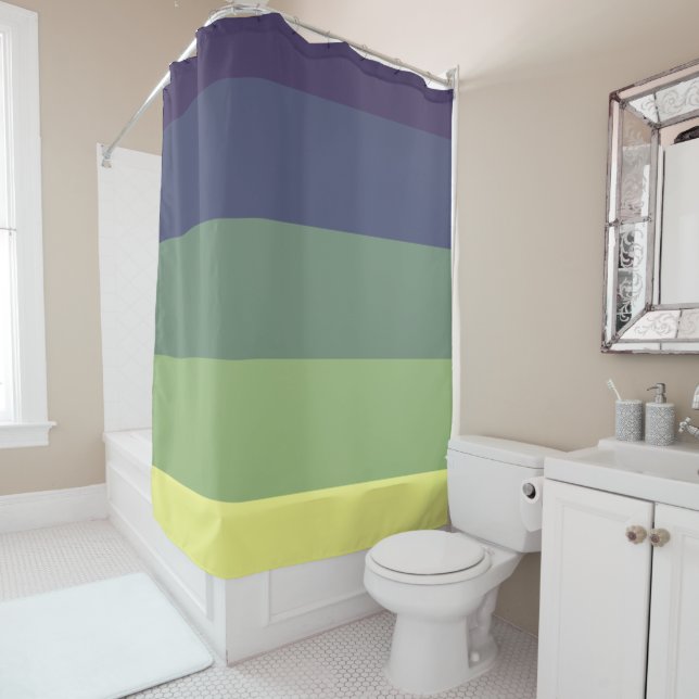 Blues + Greens Colour Block Stripe Shower Curtain (In Situ)