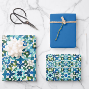 Blues, Greens & White Moroccan Pattern Wrapping Paper Sheet